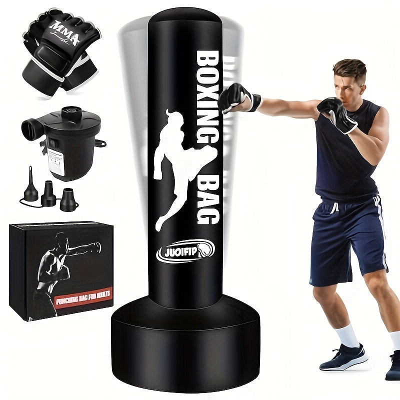 [68" Freestanding Punching Bag] 68" Inflatable Freestanding Punching Bag with Stand for Adults | Heavy Bag for Kickboxing, MMA, Muay Thai Training - Includes Pump and Gloves - Black, Home Gym Equipment | Boxing Motif Design