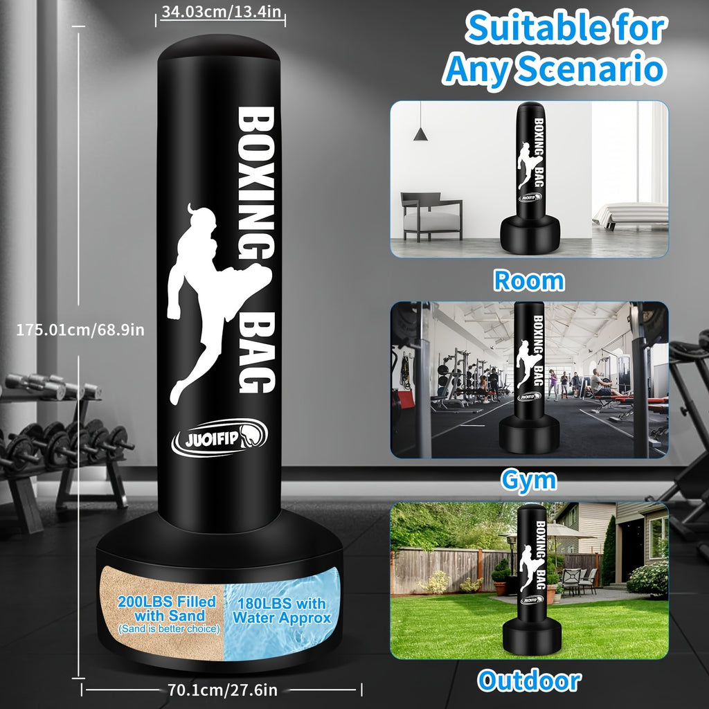 [68" Freestanding Punching Bag] 68" Inflatable Freestanding Punching Bag with Stand for Adults | Heavy Bag for Kickboxing, MMA, Muay Thai Training - Includes Pump and Gloves - Black, Home Gym Equipment | Boxing Motif Design