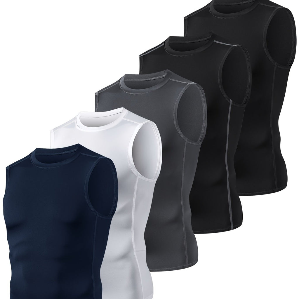 TELALEO 5-Pack Men'S Athletic Compression Shirts - Sleeveless Workout Tank Tops for Running, Basketball & Outdoor Activities, Breathable & Supportive Design, Black, White, Red, Blue, Sports Tank Tops