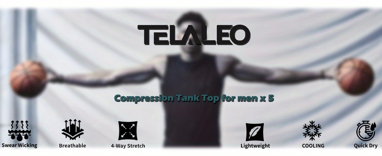 TELALEO 5-Pack Men'S Athletic Compression Shirts - Sleeveless Workout Tank Tops for Running, Basketball & Outdoor Activities, Breathable & Supportive Design, Black, White, Red, Blue, Sports Tank Tops