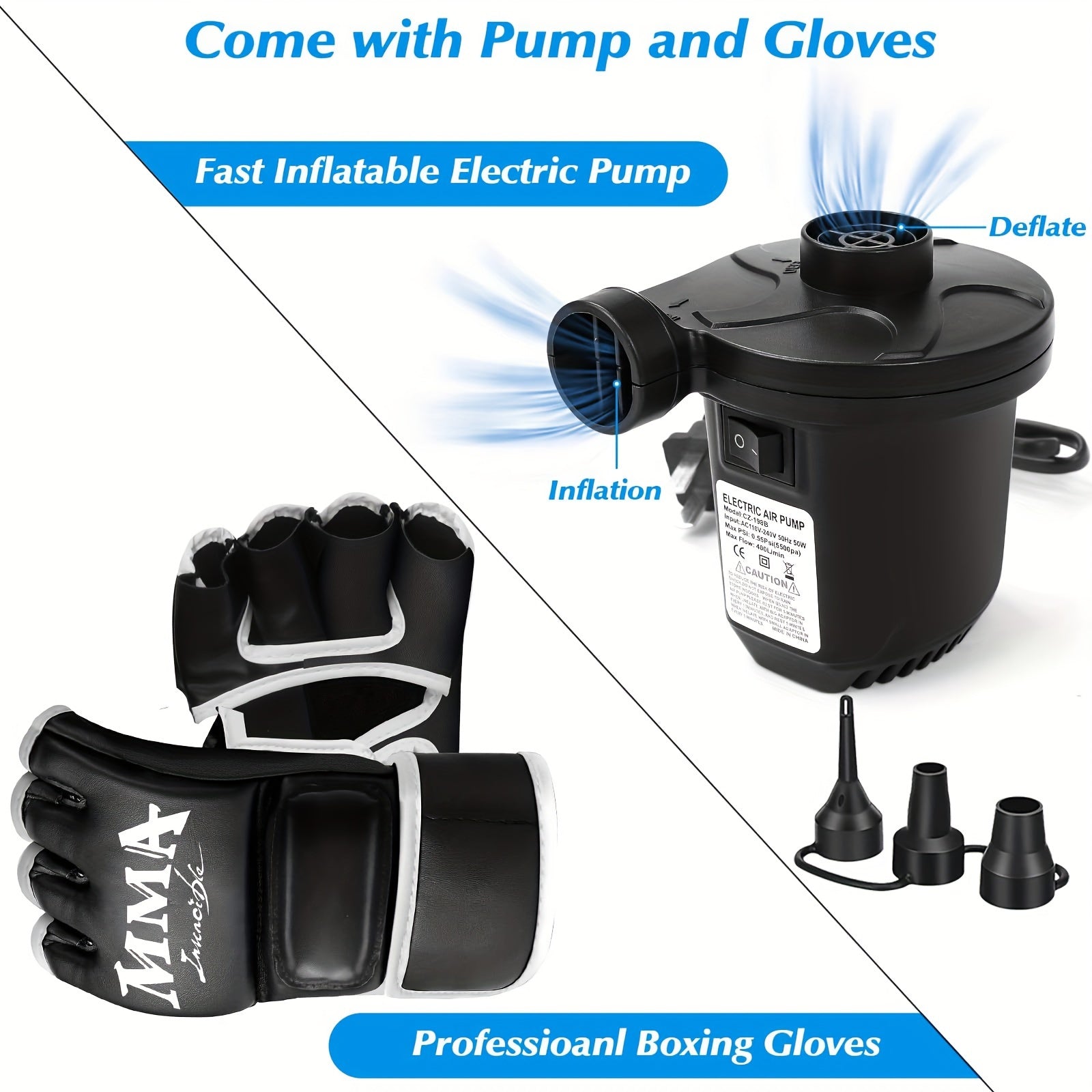 [68" Freestanding Punching Bag] 68" Inflatable Freestanding Punching Bag with Stand for Adults | Heavy Bag for Kickboxing, MMA, Muay Thai Training - Includes Pump and Gloves - Black, Home Gym Equipment | Boxing Motif Design
