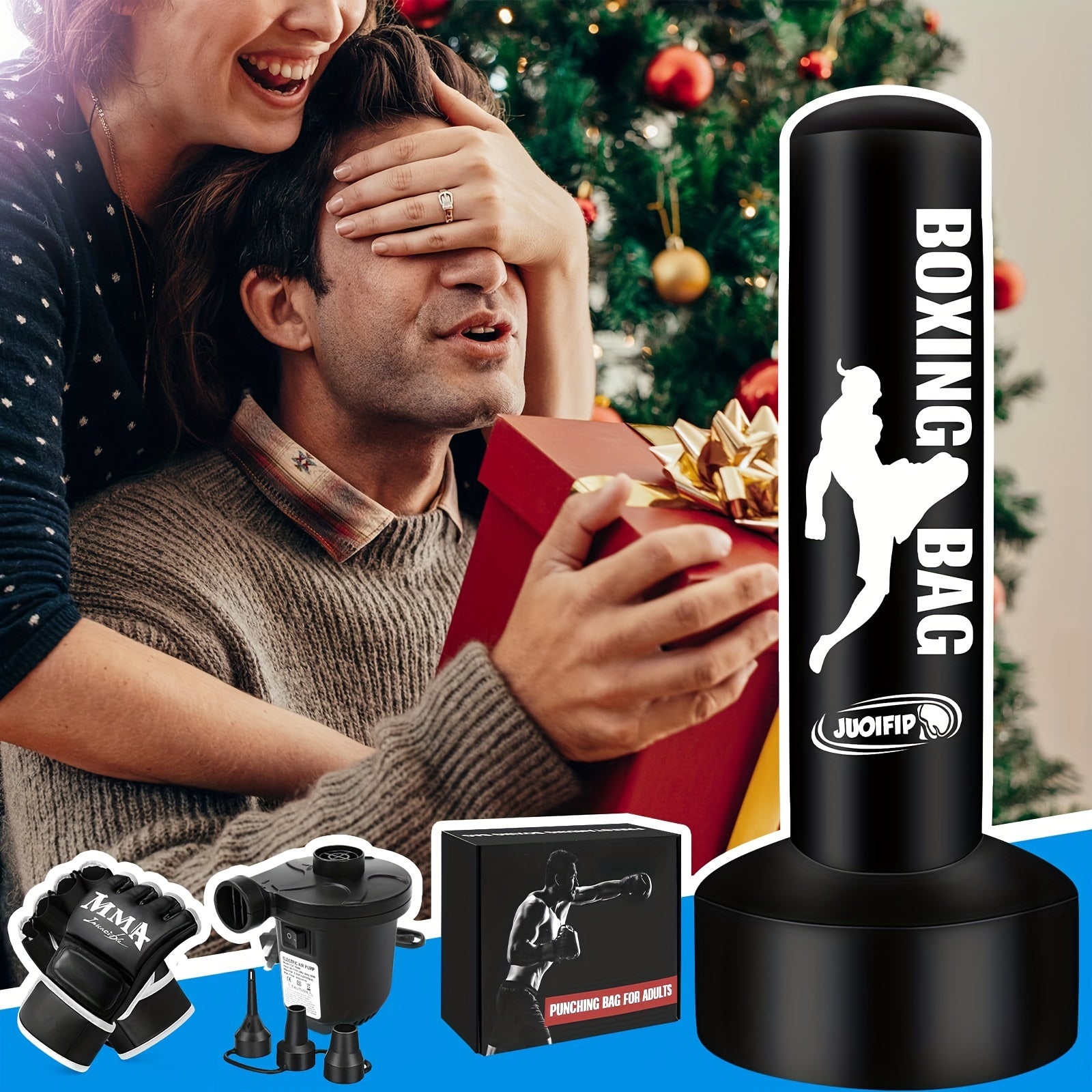 [68" Freestanding Punching Bag] 68" Inflatable Freestanding Punching Bag with Stand for Adults | Heavy Bag for Kickboxing, MMA, Muay Thai Training - Includes Pump and Gloves - Black, Home Gym Equipment | Boxing Motif Design