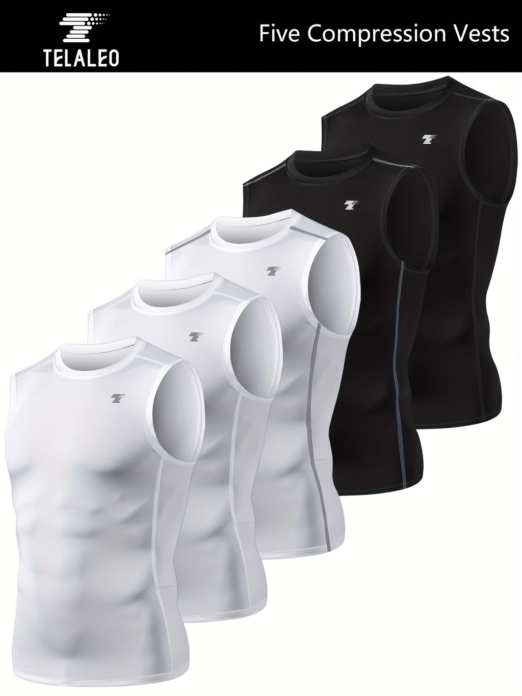 TELALEO 5-Pack Men'S Athletic Compression Shirts - Sleeveless Workout Tank Tops for Running, Basketball & Outdoor Activities, Breathable & Supportive Design, Black, White, Red, Blue, Sports Tank Tops