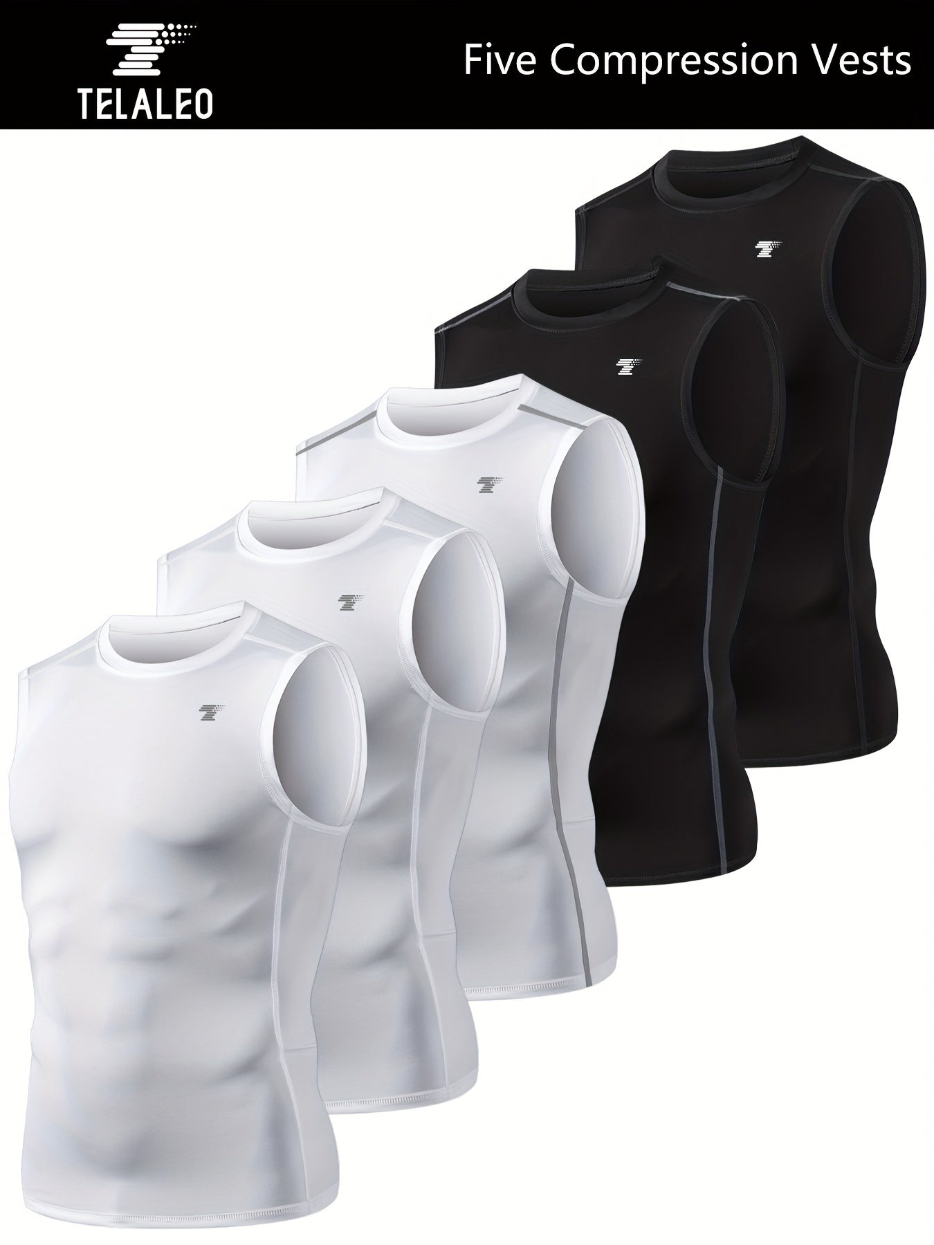 TELALEO 5-Pack Men'S Athletic Compression Shirts - Sleeveless Workout Tank Tops for Running, Basketball & Outdoor Activities, Breathable & Supportive Design, Black, White, Red, Blue, Sports Tank Tops