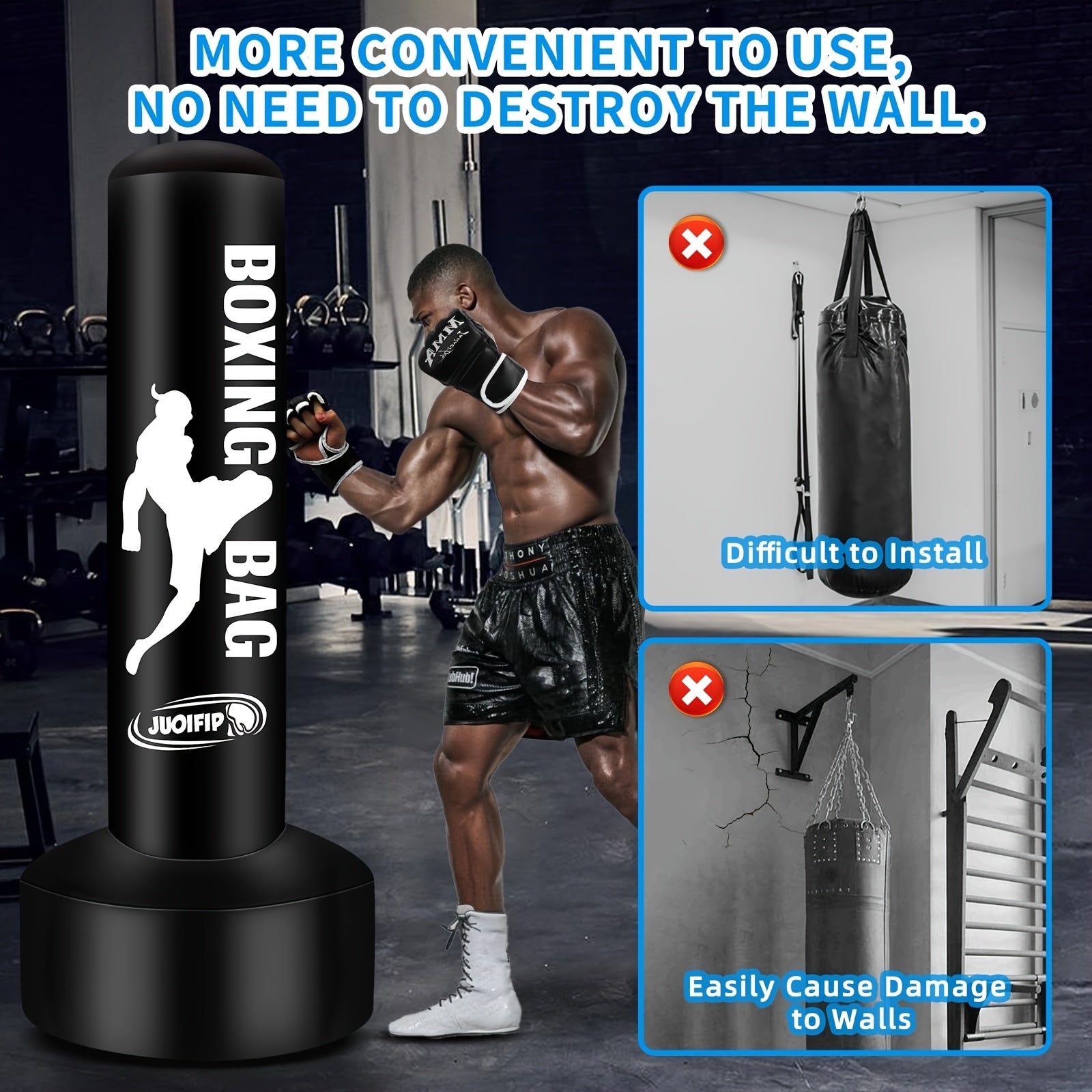 [68" Freestanding Punching Bag] 68" Inflatable Freestanding Punching Bag with Stand for Adults | Heavy Bag for Kickboxing, MMA, Muay Thai Training - Includes Pump and Gloves - Black, Home Gym Equipment | Boxing Motif Design