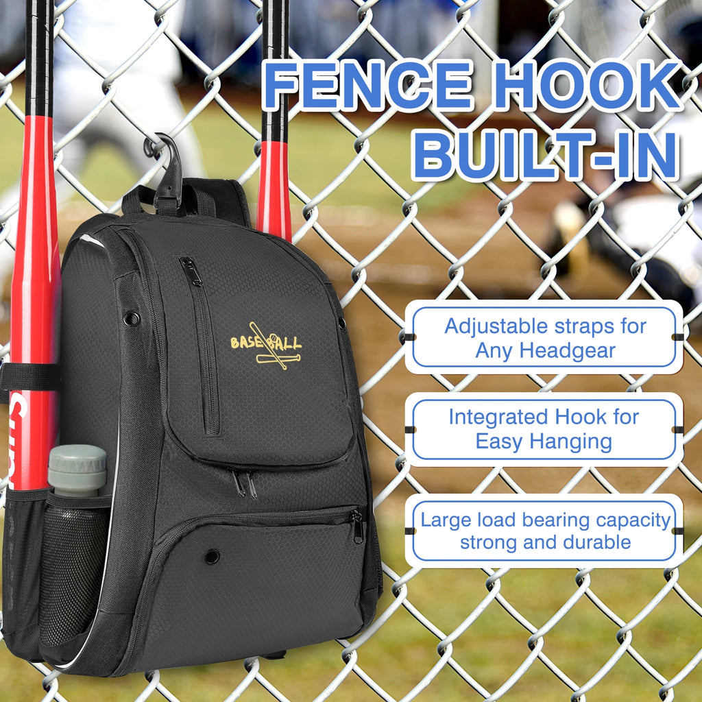 Baseball Bag Softball Bag Waterproof Backpack Bag Shoulder Sport Bag Youth Boy Girl Adult Fence Hook Ball Bat Batting Glove Gear
