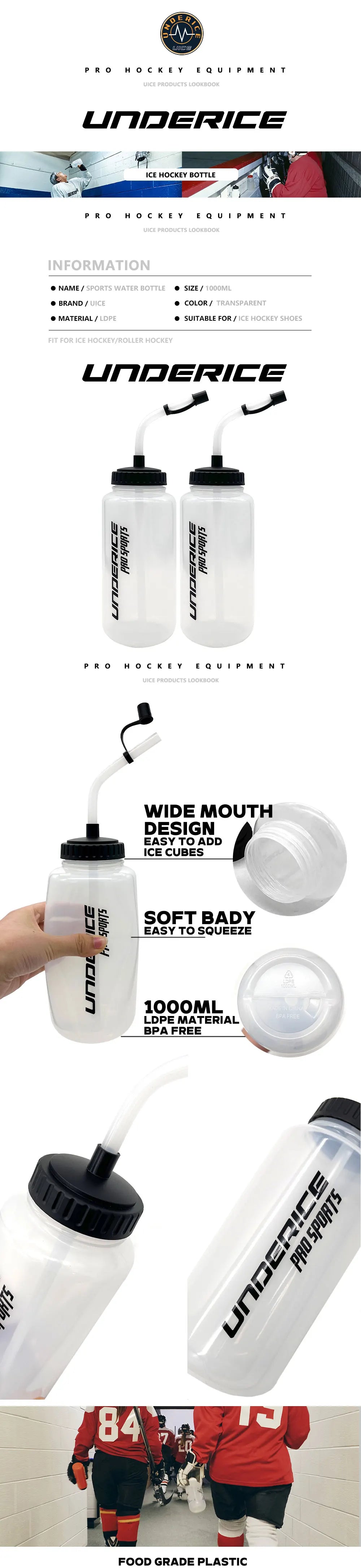 Sports Water Bottle 1000ML Boxing Water Bottle PP/LDPE Ice Hockey Water Bottle BPA Free Hockey Accessories Sports Equipment