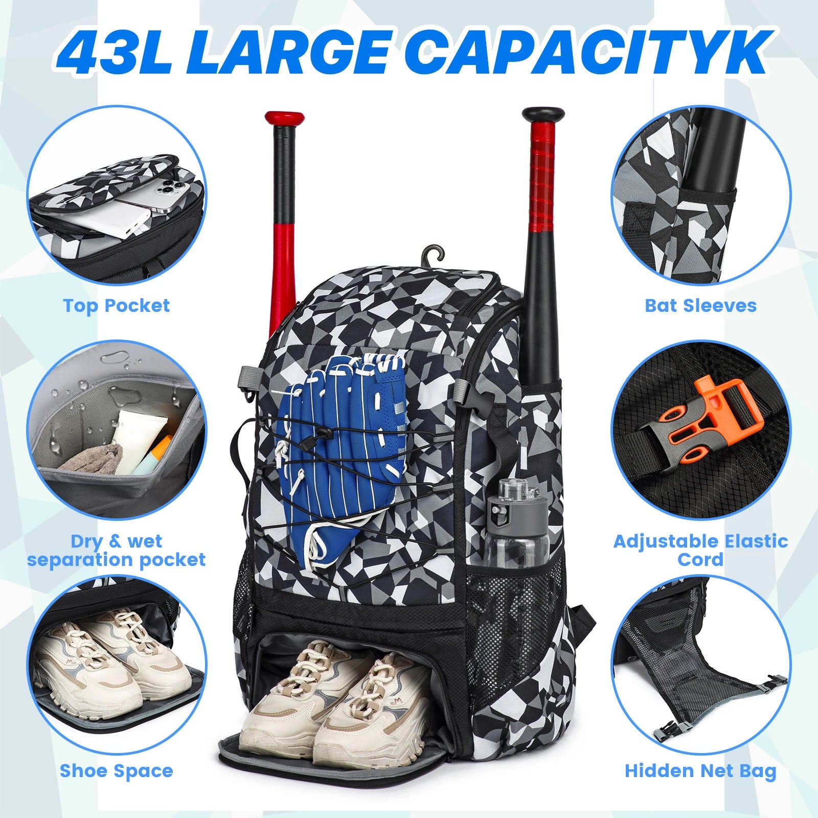 Baseball Equipment Bag Baseball Backpack with Shoe Compartment Softball Bat Bag for Youth Large Capacity Sport Baseball Backpack