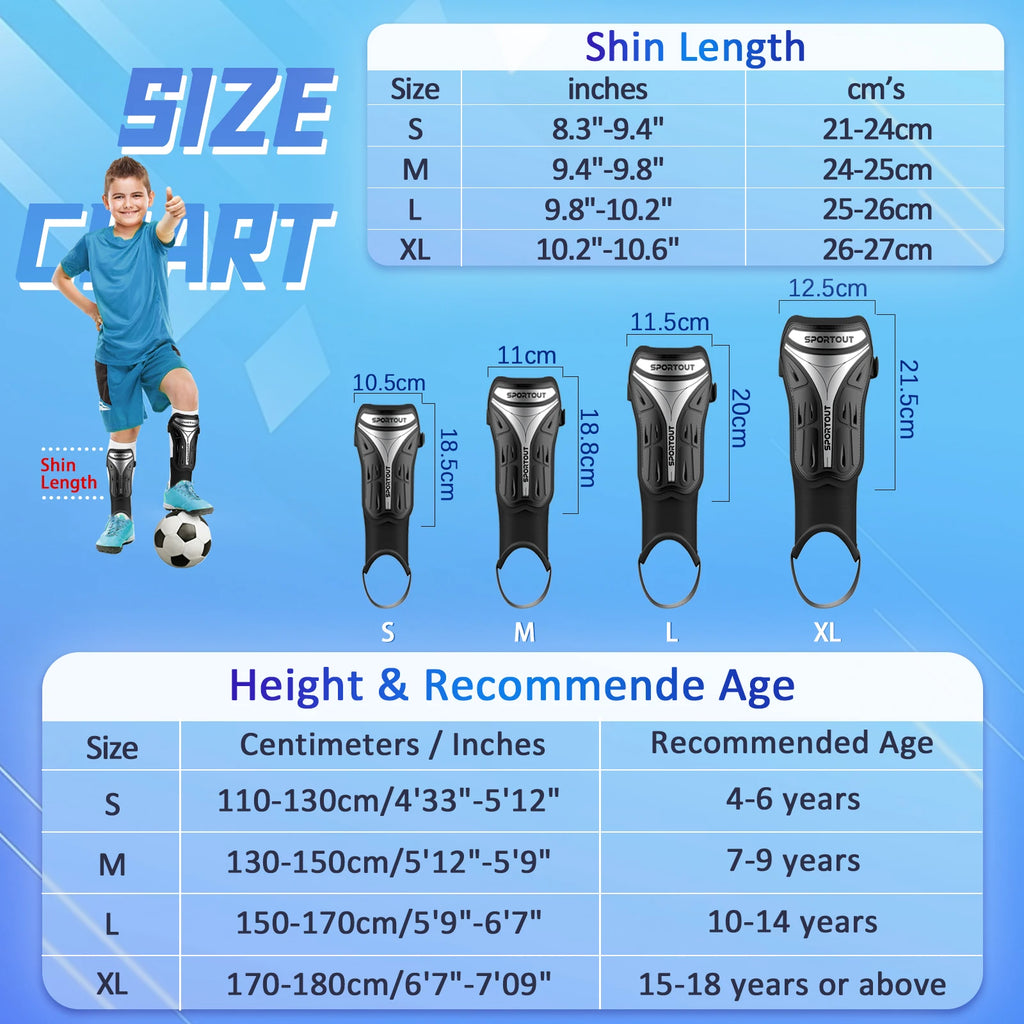 Sportout Soccer Shin Guards for Kids Adults, Youth Soccer Gear with Protective Hard Shell for Boys, Girls, and Mens. Soccer Shin