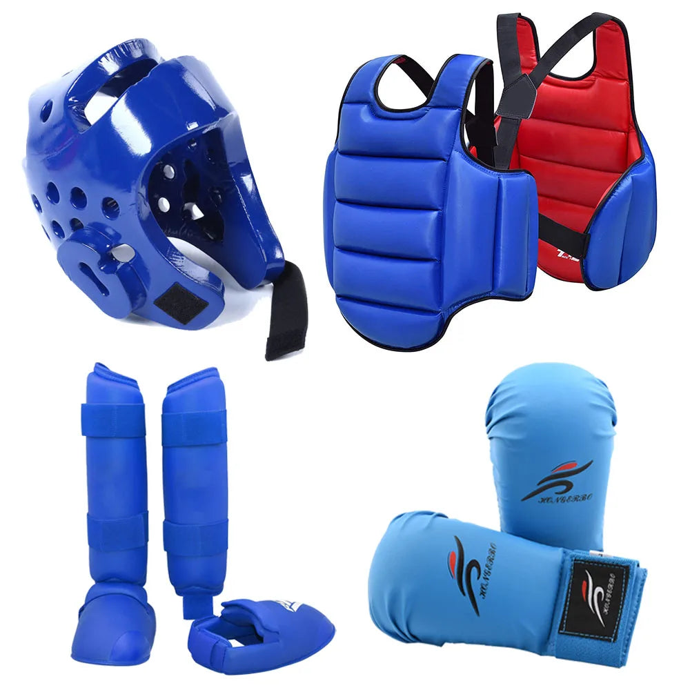 Karate Gloves Taekwondo Dobok Sparring Gear Uniform Set Helmet Shin Guards Boxing Equipment MMA Team Chest Suit Body Protection