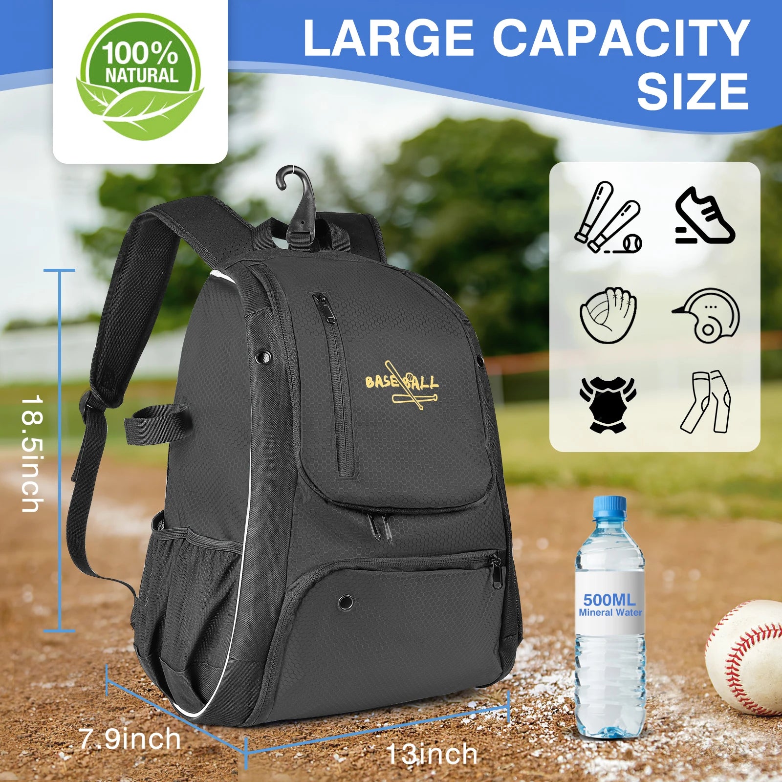 Baseball Bag Softball Bag Waterproof Backpack Bag Shoulder Sport Bag Youth Boy Girl Adult Fence Hook Ball Bat Batting Glove Gear