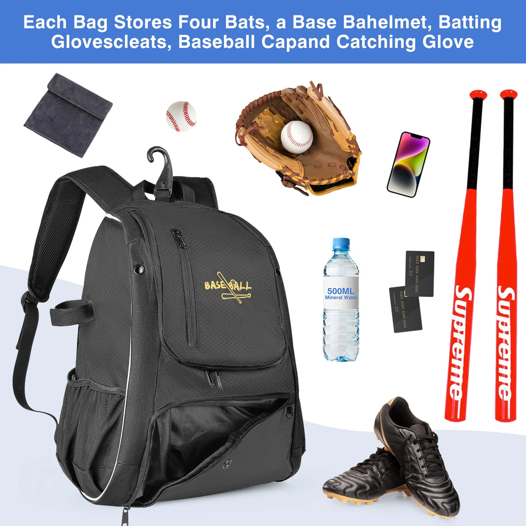 Baseball Bag Softball Bag Waterproof Backpack Bag Shoulder Sport Bag Youth Boy Girl Adult Fence Hook Ball Bat Batting Glove Gear