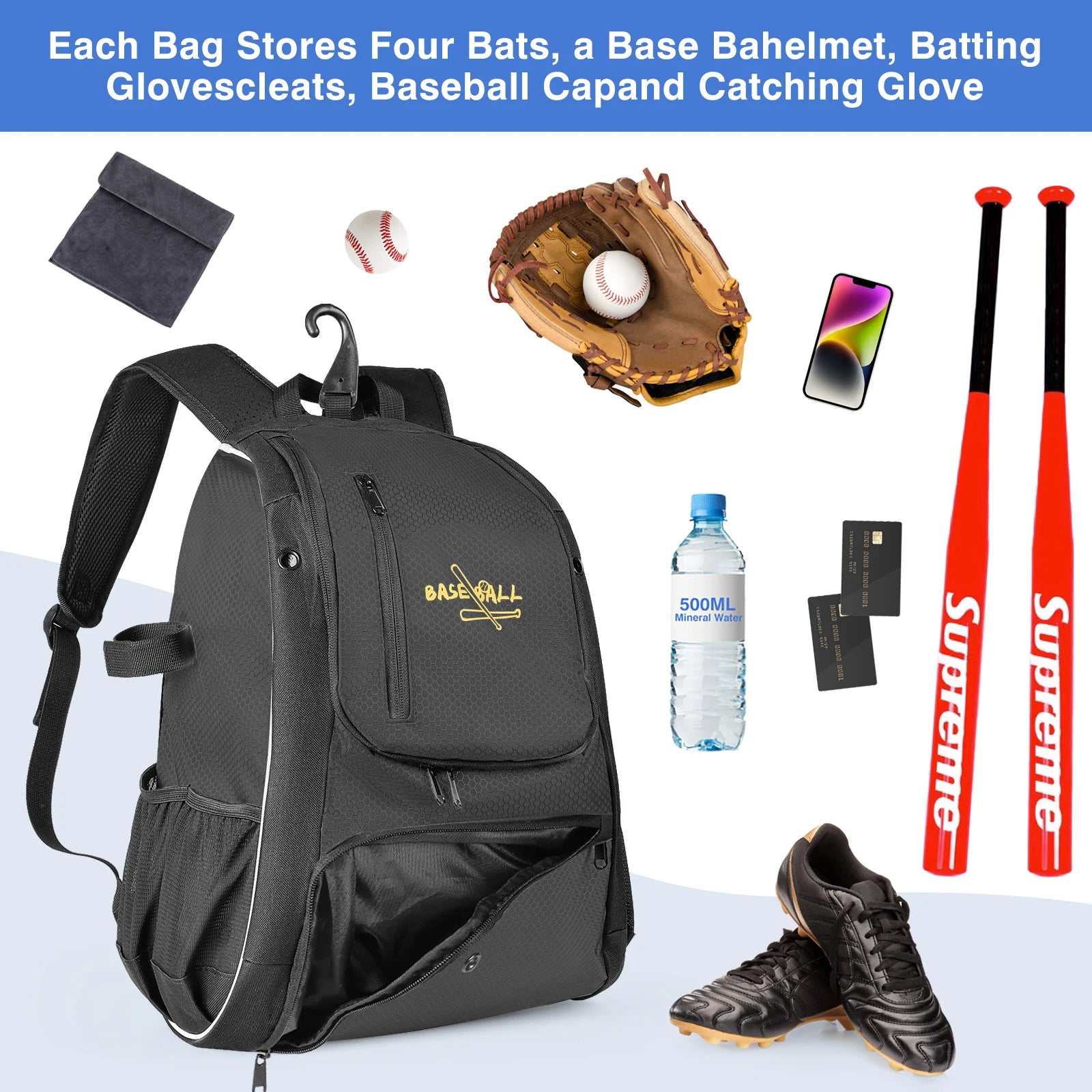 Baseball Bag Softball Bag Waterproof Backpack Bag Shoulder Sport Bag Youth Boy Girl Adult Fence Hook Ball Bat Batting Glove Gear