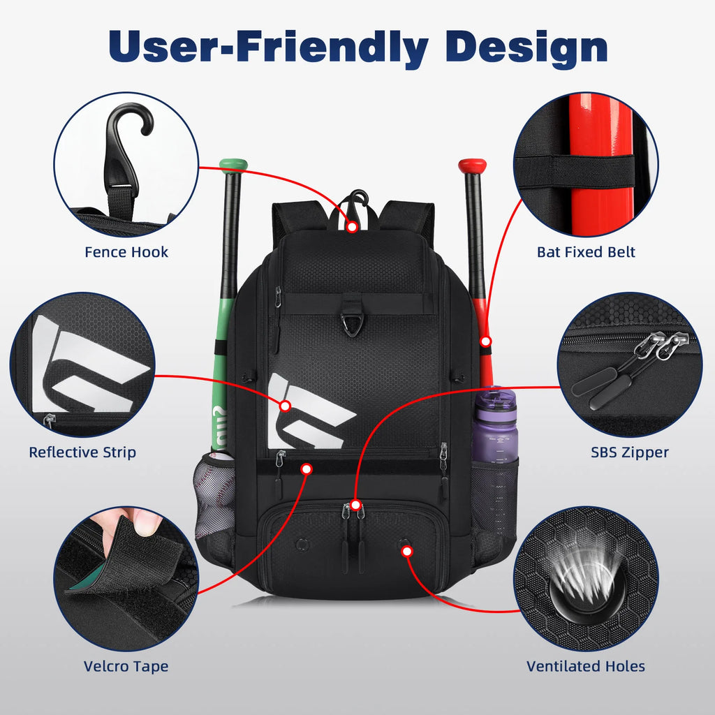 Large capacity Baseball Backpack Outdoor Sport Lightweight Backpack for Baseball Softball Bat Backpack with Shoe Compartment
