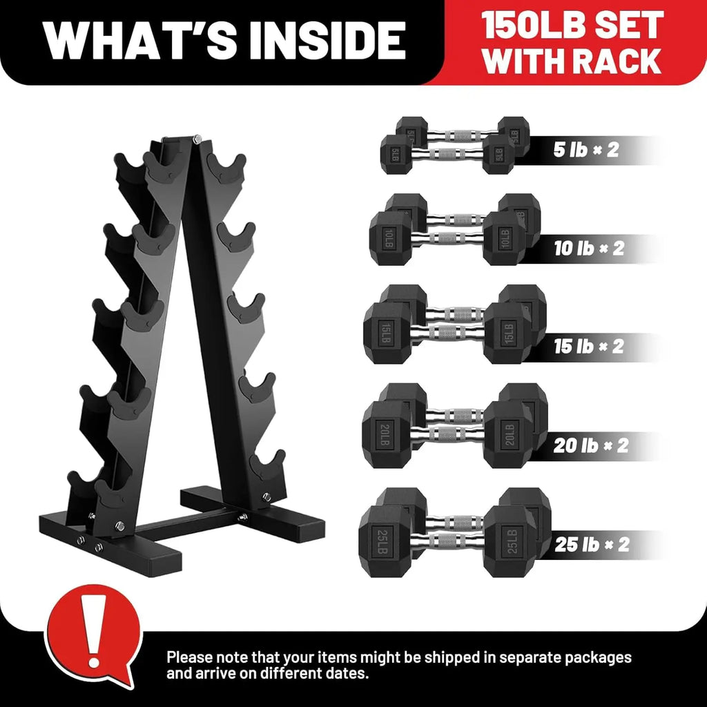 Hex Dumbbell Set with Rack - Rubber Coated Cast Iron Weights, Non-Slip Chrome Handles, Space-Saving Home Gym Set