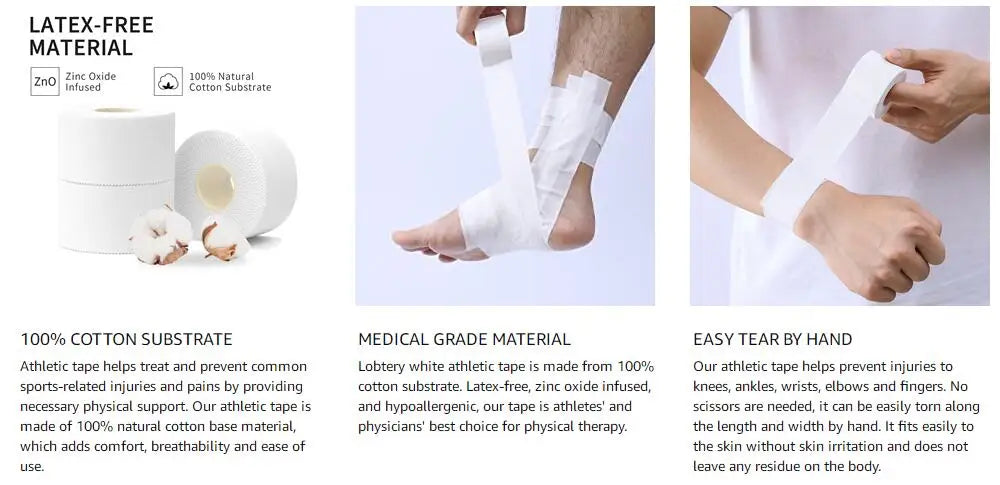 1 Roll Athletic Tape In White Cotton Sports Tape Adhesive Elastic Bandage Knee Wrist Ankles Muscle Support- Easy Tearing