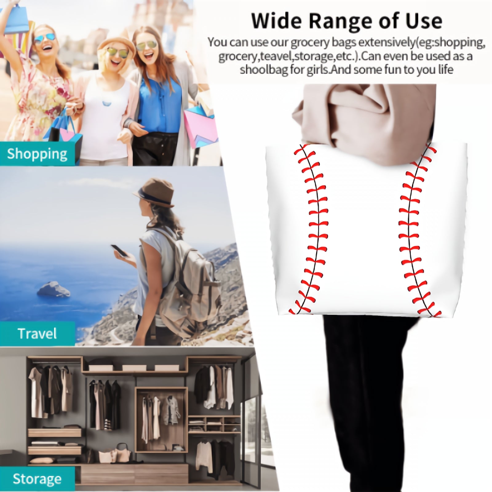 Baseball Extra Large Grocery Bag Reusable Tote Bag Shopping Travel Storage Tote Lightweight Washable Shoulder Bags Handbag