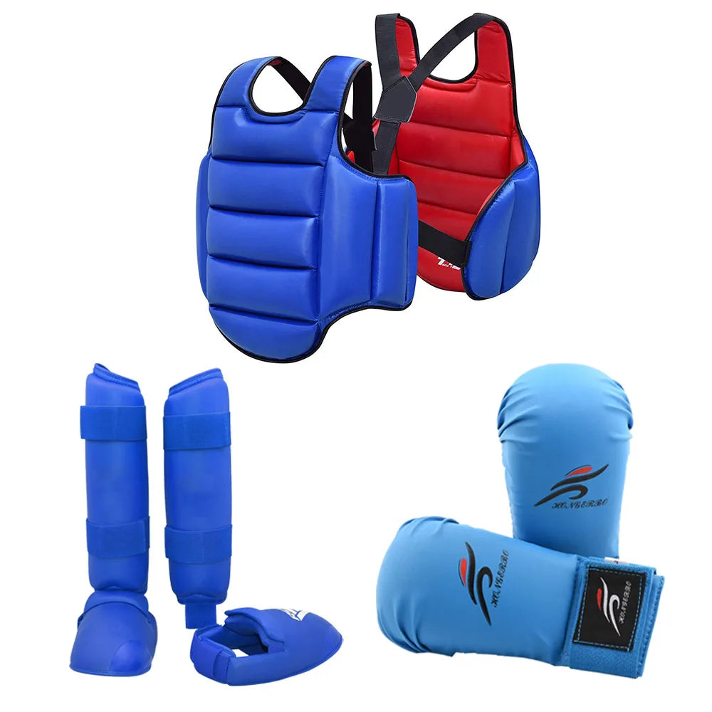 Karate Gloves Taekwondo Dobok Sparring Gear Uniform Set Helmet Shin Guards Boxing Equipment MMA Team Chest Suit Body Protection