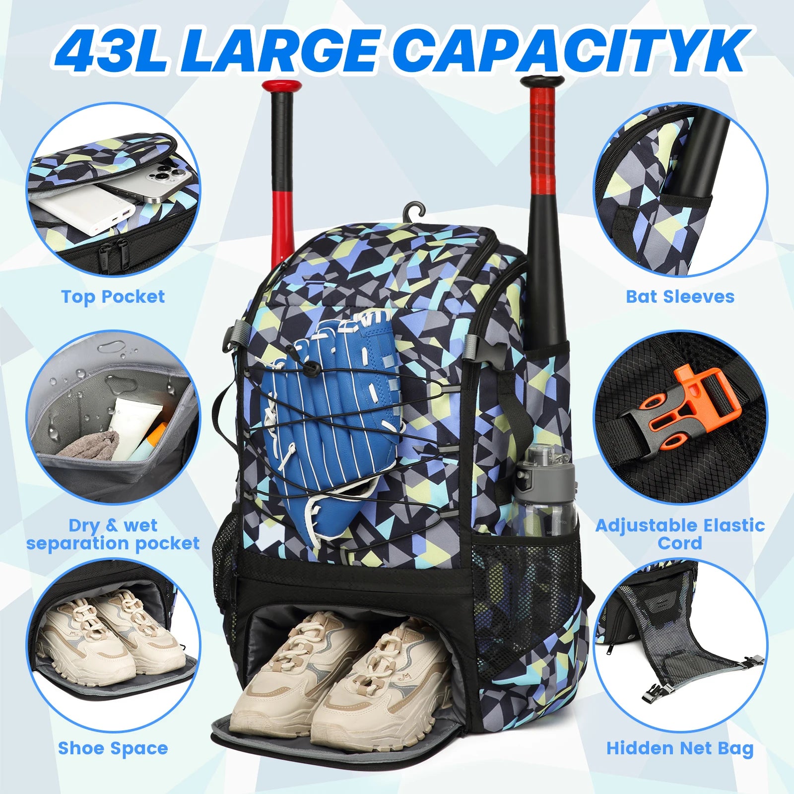 Baseball Equipment Bag Baseball Backpack with Shoe Compartment Softball Bat Bag for Youth Large Capacity Sport Baseball Backpack