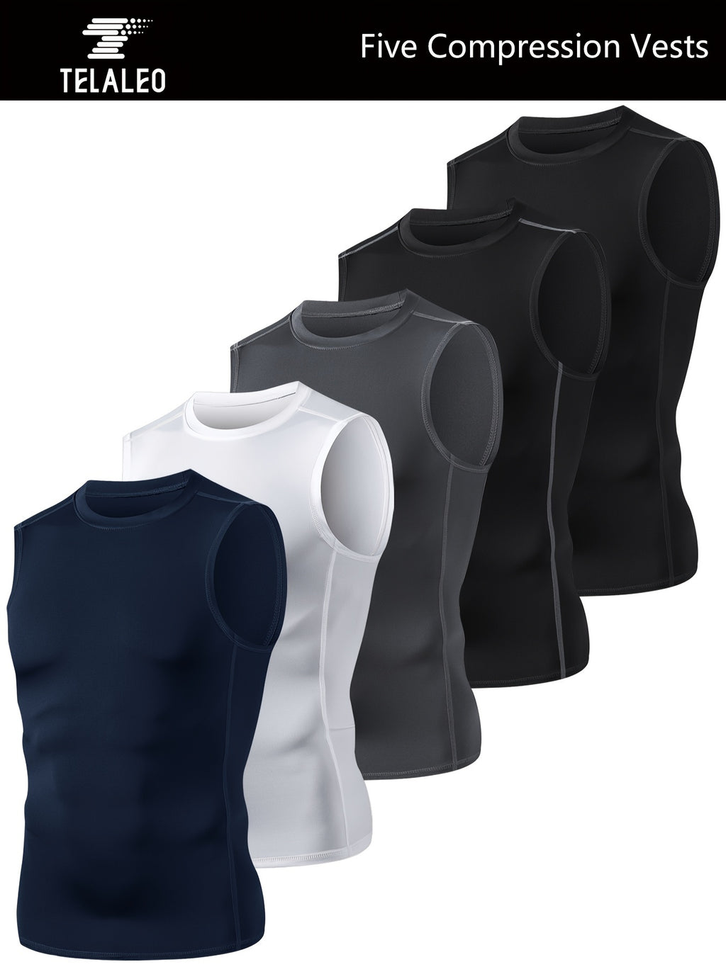 TELALEO 5-Pack Men'S Athletic Compression Shirts - Sleeveless Workout Tank Tops for Running, Basketball & Outdoor Activities, Breathable & Supportive Design, Black, White, Red, Blue, Sports Tank Tops