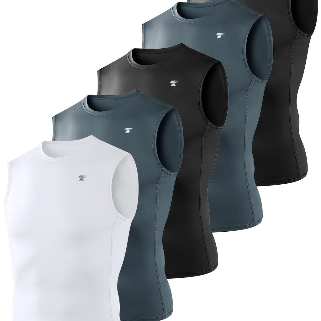 TELALEO 5-Pack Men'S Athletic Compression Shirts - Sleeveless Workout Tank Tops for Running, Basketball & Outdoor Activities, Breathable & Supportive Design, Black, White, Red, Blue, Sports Tank Tops